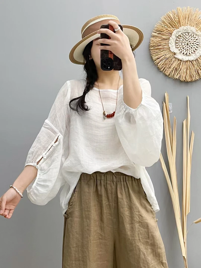 【布语麻衣】夏款纯苎麻琉璃珠水滴袖宽松版纯色套头衫减龄防晒