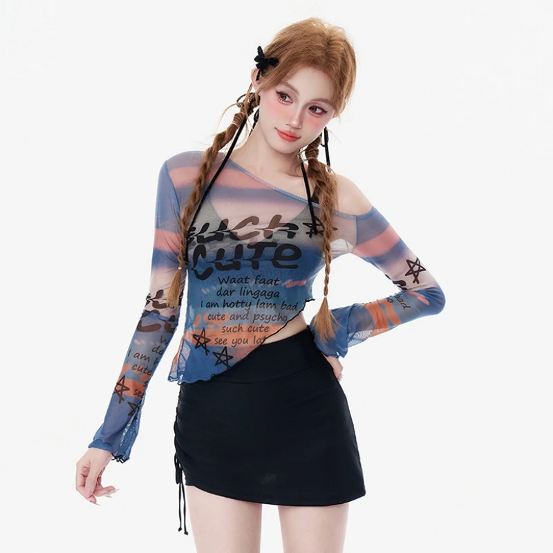 日韩新款长袖罩衫一字肩裙式分体三件套辣妹少女学生温泉游泳衣女