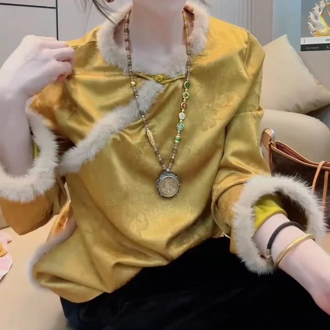 上衣网红时尚圆领女装新中式复古气质百搭宽松中国风秋冬拼接提花