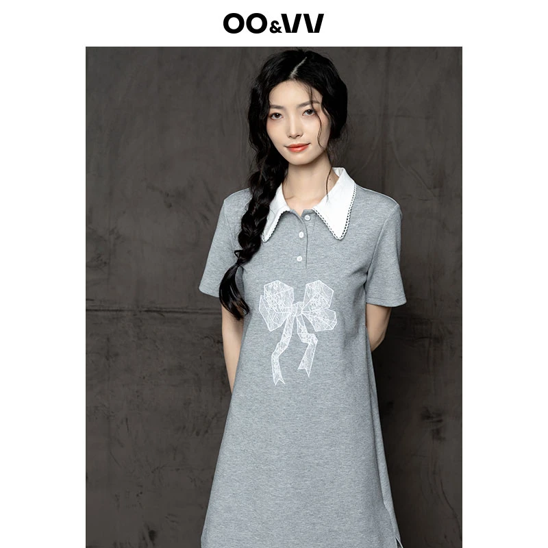 OO&VV设计感印花蝴蝶结连衣裙女2025夏新款时尚气质翻领包臀修身