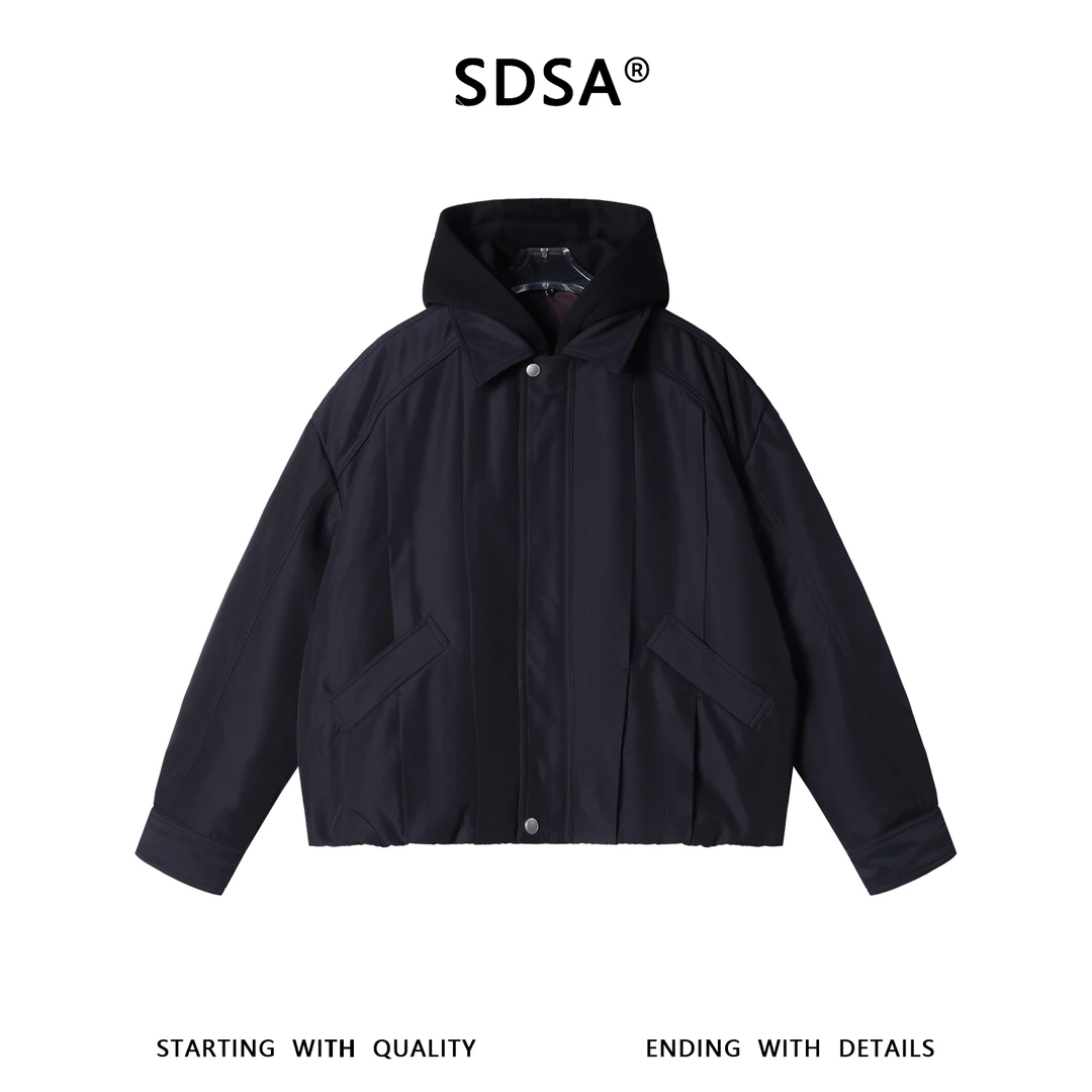 SDSA男士秋冬新款痞帅男装韩版宽松羽绒服百搭拼接连帽褶皱外套