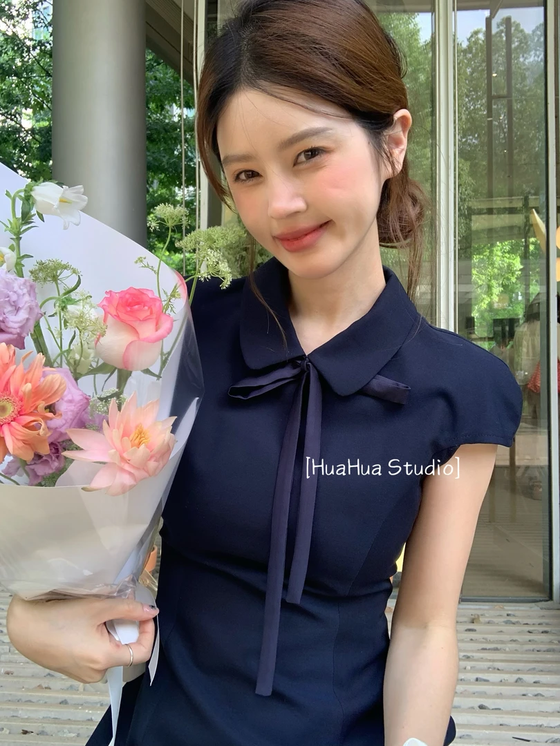 【花花】谬系学院~夏季显瘦翻领短裙A字连肩短袖连衣裙