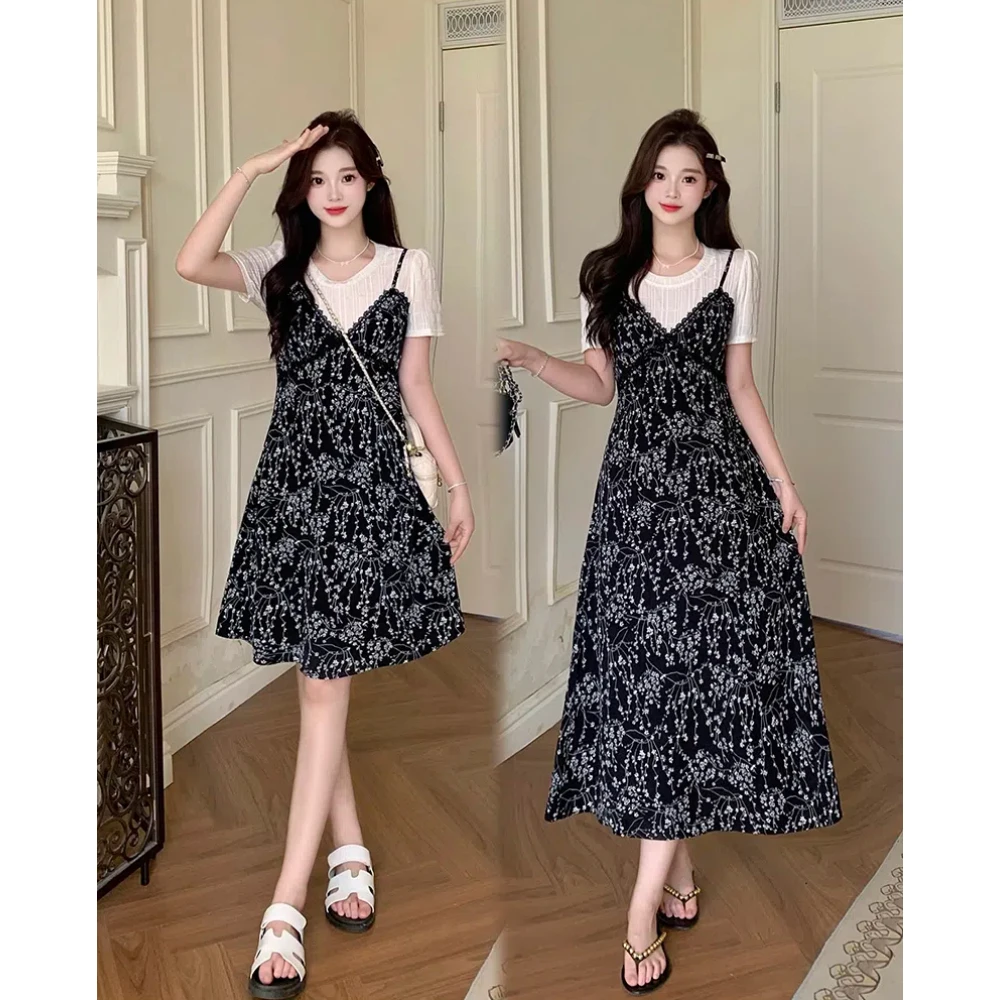 胖妹妹2025夏装新款胖mm大码女时尚气质拼接碎花吊带长短款连衣裙