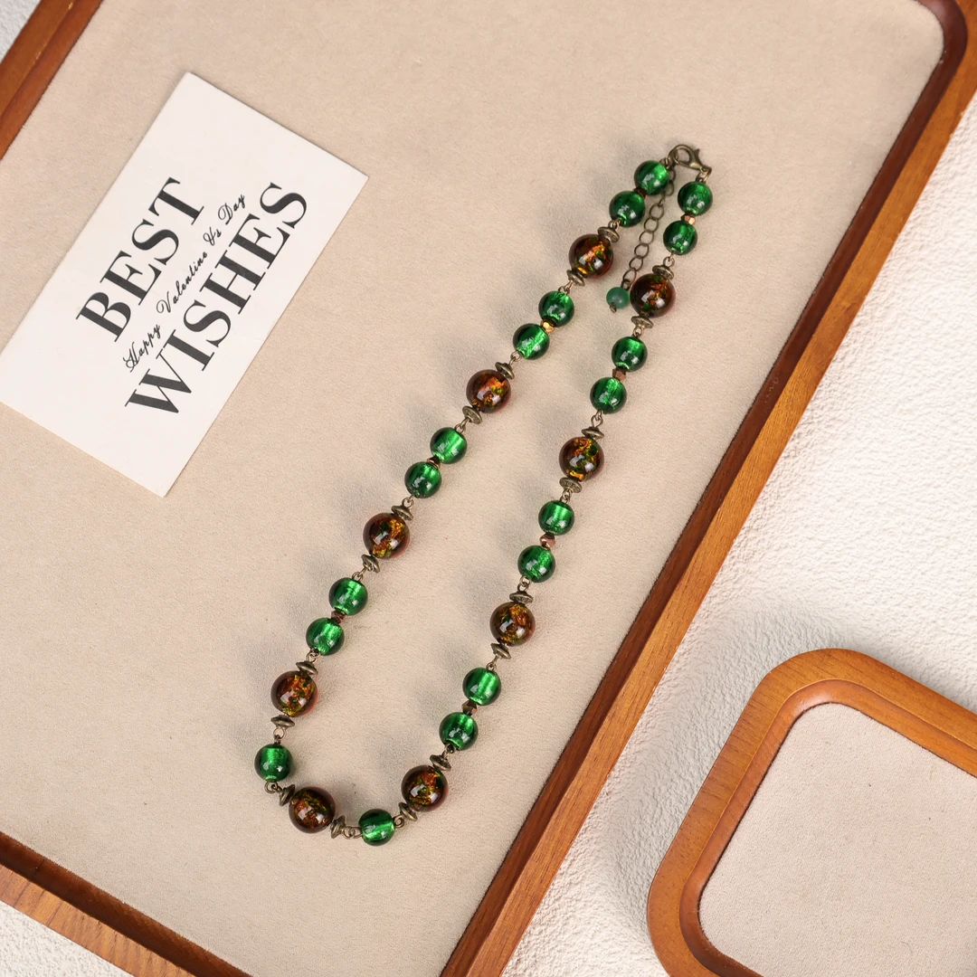 合金琉璃项链 XB393 绿色银箔咖色彩箔项链