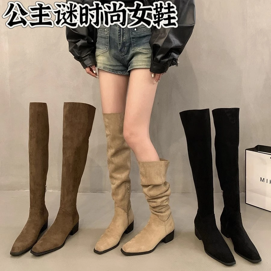 粗跟过膝靴美拉德长筒骑士靴女2025秋冬季绒面卡其色堆堆靴长靴子
