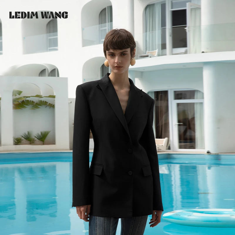 1LEDIM WANG宽肩沙漏收腰西服女黑色高级感修身长袖新款西装外套