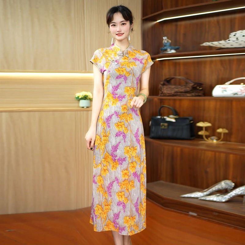 A-309时尚优雅连衣裙气质系带2025新款收腰显瘦夏季印花天内发货