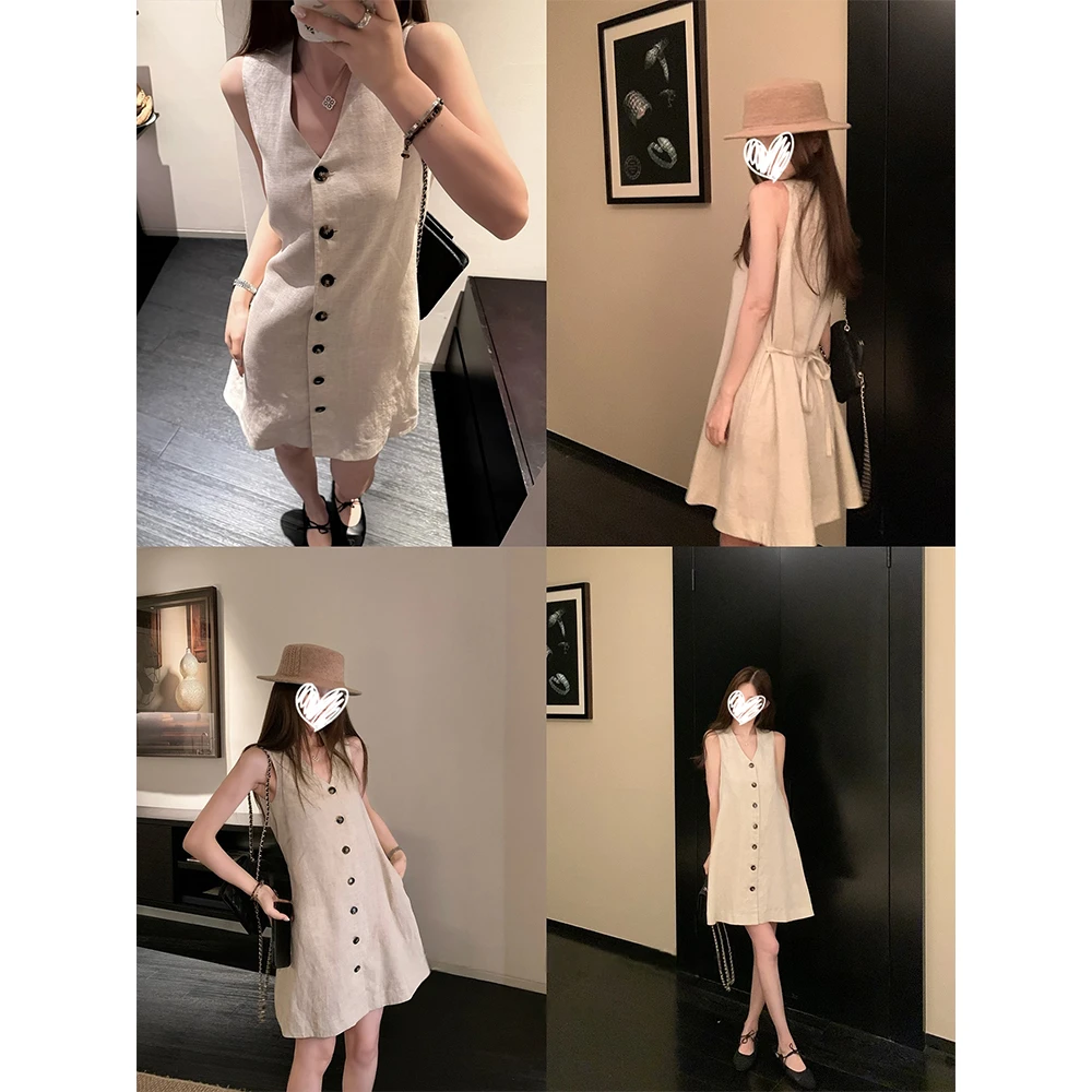 【伦敦往事】老钱风棉麻系带收腰显瘦背心连衣裙 21756#