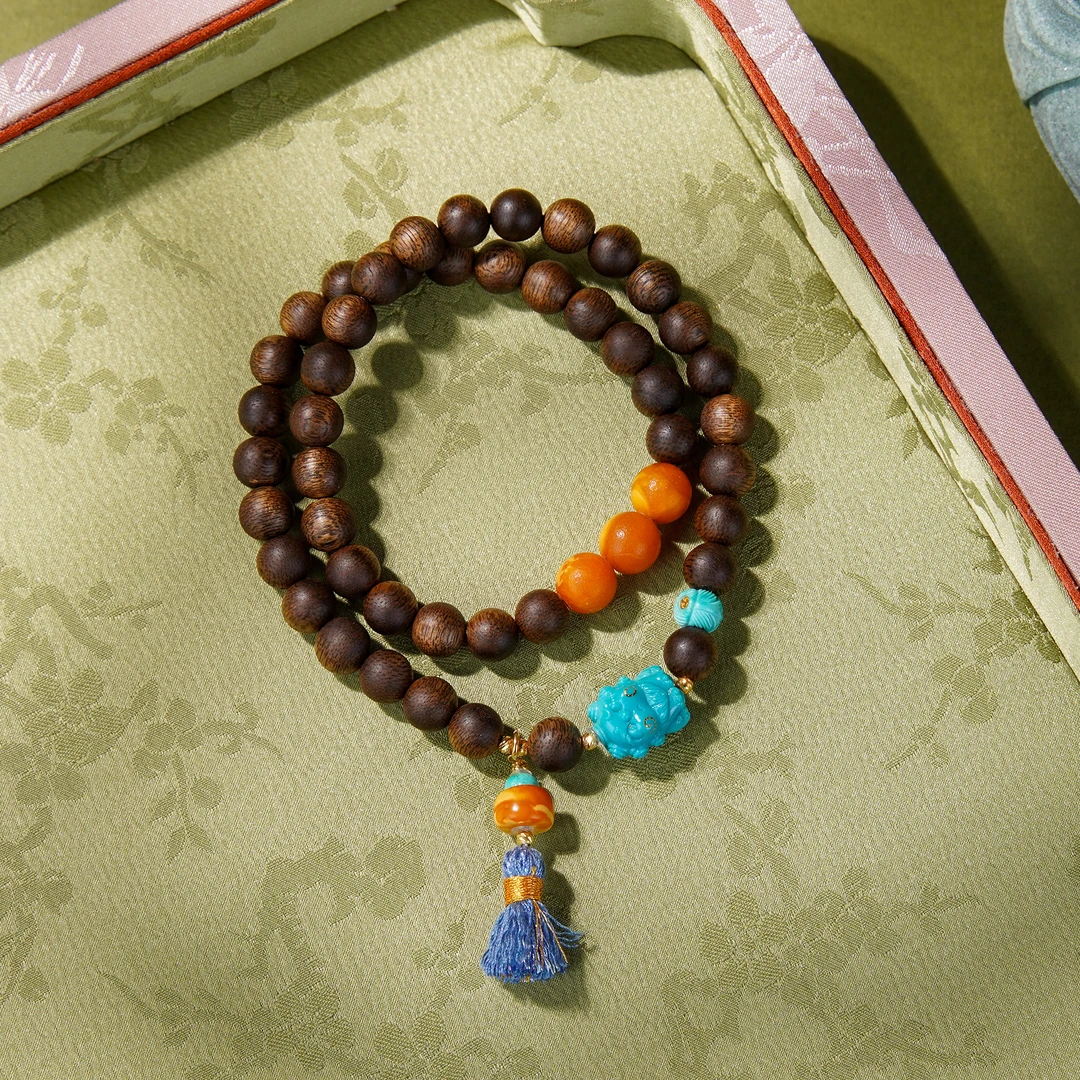 沉水白奇楠0.7DIY绿松小狮子蜜蜡18k沉香手串双圈/CX00510