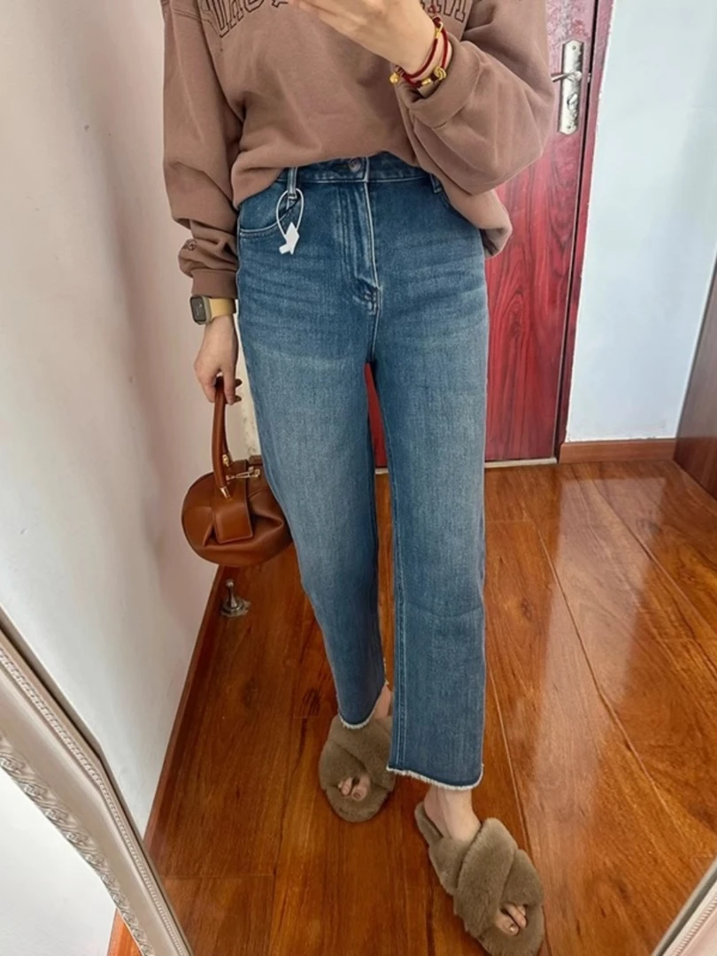 秋季高腰显瘦直筒裤小个子毛边窄版法棍裤弹力九分牛仔裤百搭