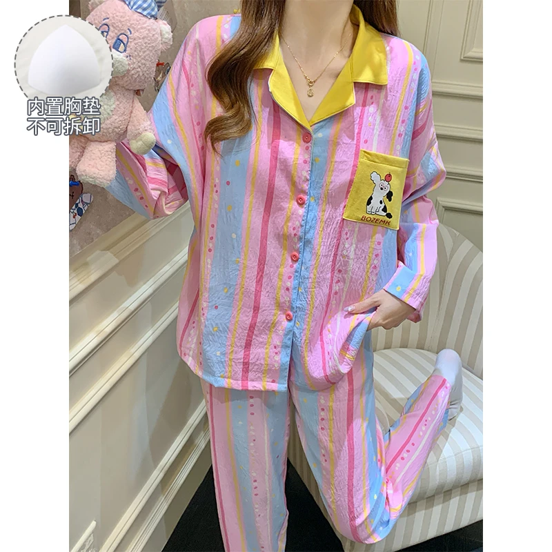 睡衣女款爆款2025新款可外穿宽松大码春秋季带胸垫长袖家居服套装