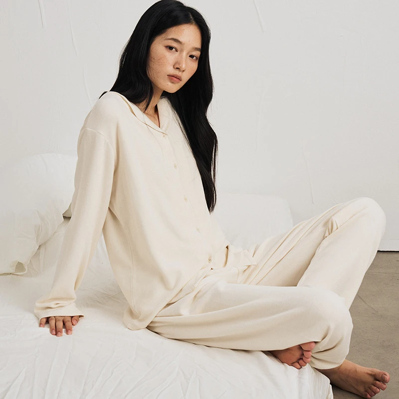 秋冬海藻纤维家居服女防螨保湿纯色纽扣开衫长袖高端舒适外穿睡衣