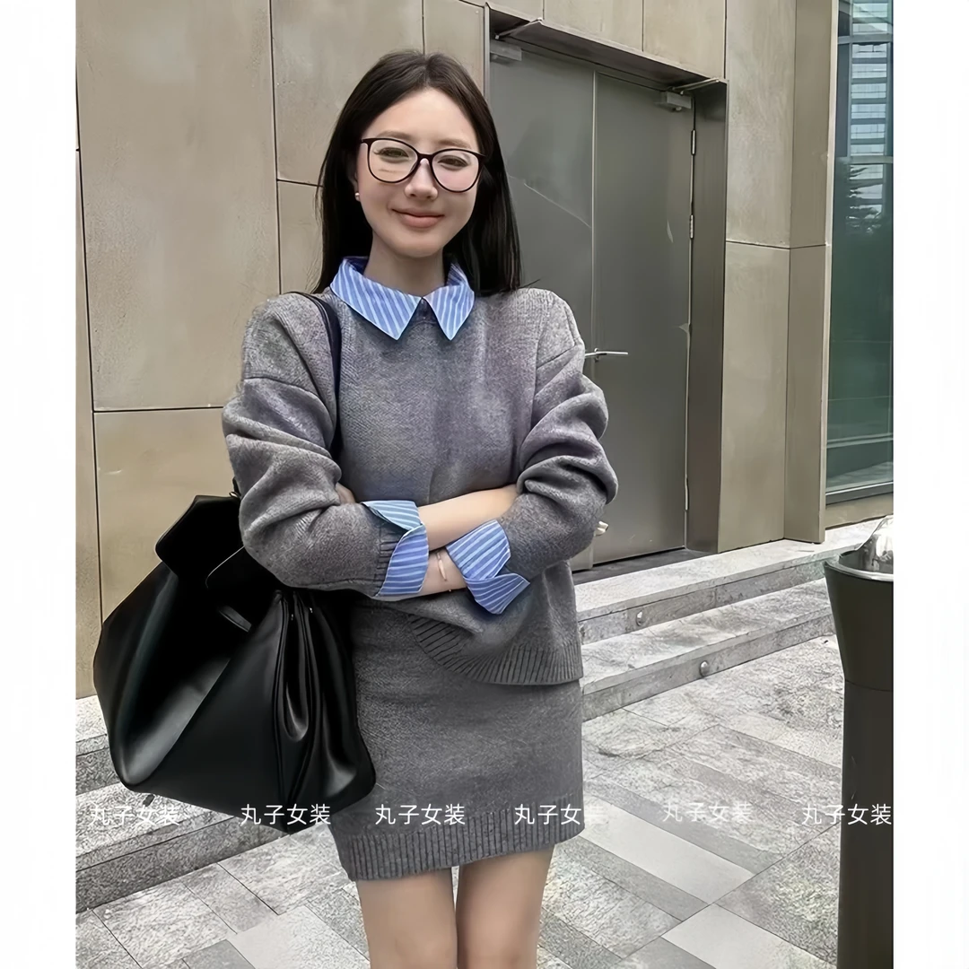 气质假两件拼接领毛衣女秋冬季套头长袖上衣高腰包臀针织短裙套装