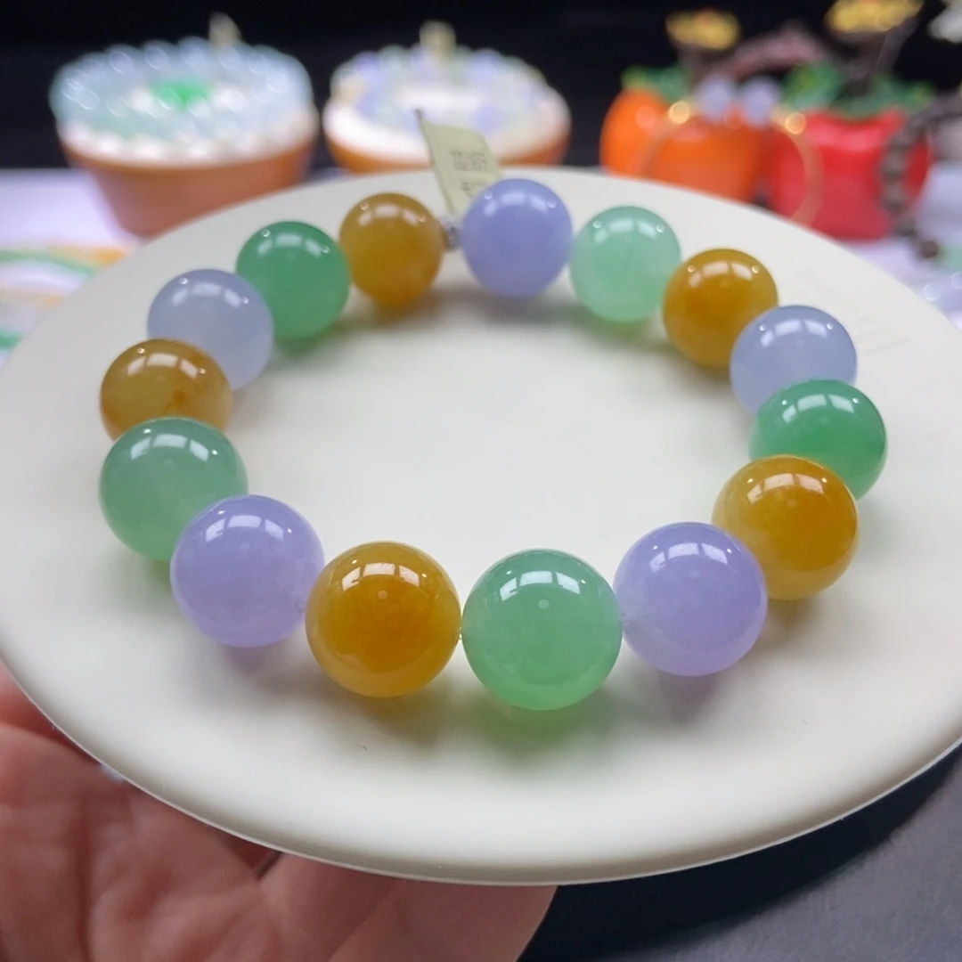 翡翠手串未镶嵌浓彩多宝12+