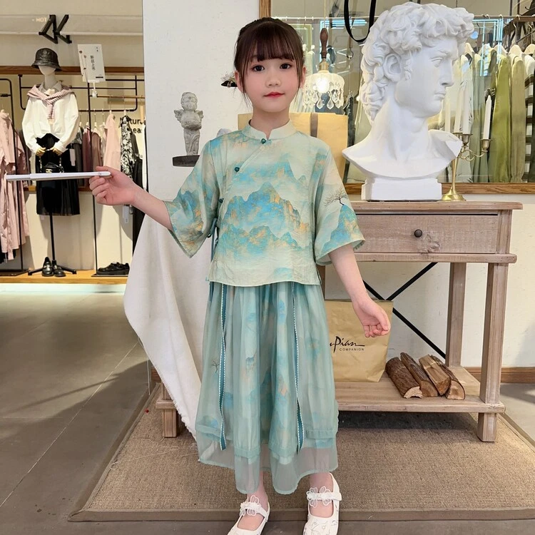 童装连衣裙古风中国风春秋宝宝衣服婴儿春装山水水墨纹女童套装