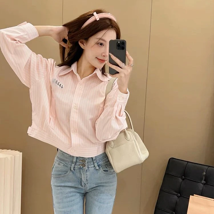 【安妮老板】MIUMEM2025新款钉珠工艺嫩粉色衬衫上衣LA4526