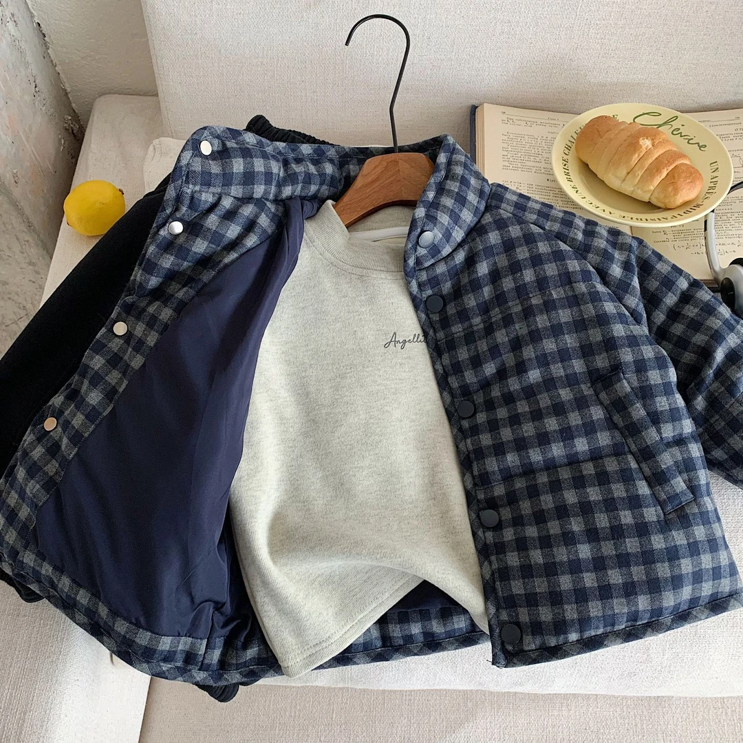 棉服冬季新款潮男童格子加厚棉衣外套宝宝冬装保暖上衣