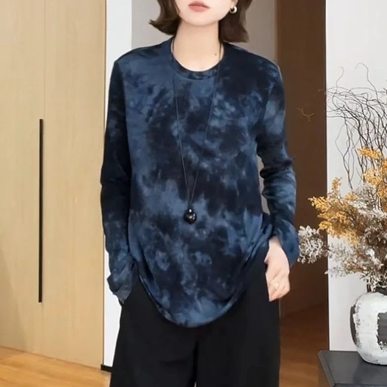 美式复古迷彩扎染长袖t恤女2025春秋新款百搭修身显瘦打底衫上衣