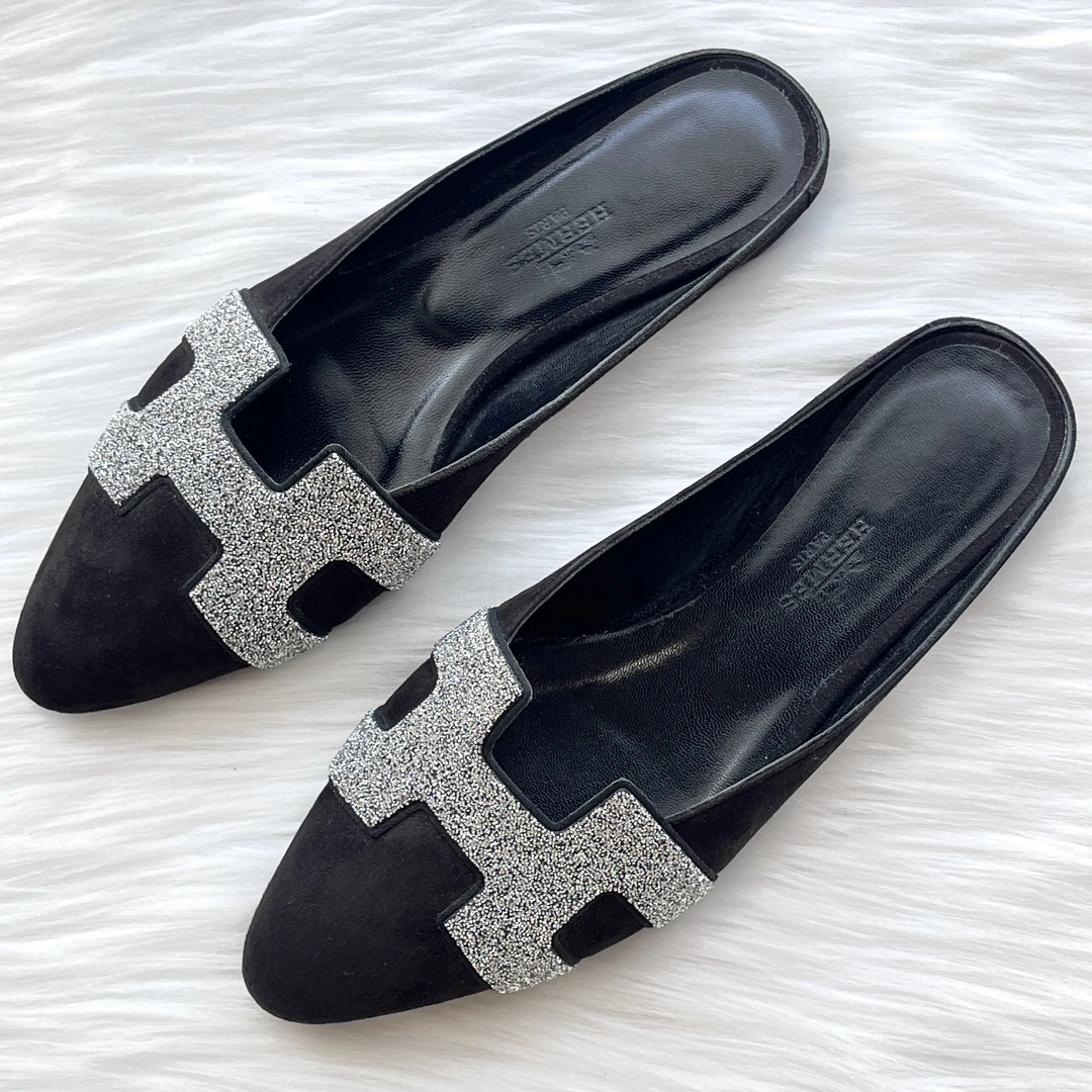 99新 Hermes/爱马仕 尖头钻面拖鞋 35码 公价8.7k j3130