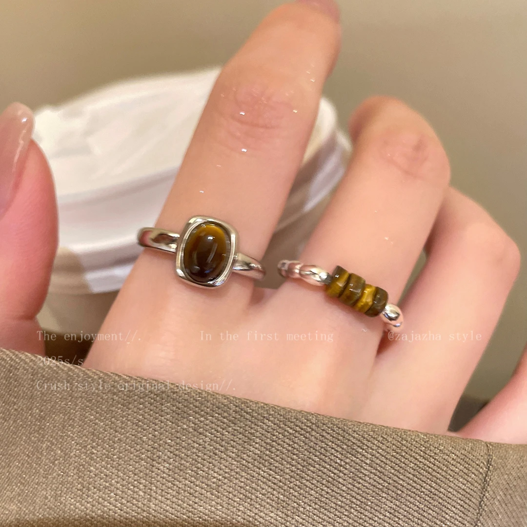 铜合金戒指 美拉德虎眼石戒指女小众设计食指戒复古高级感指环潮