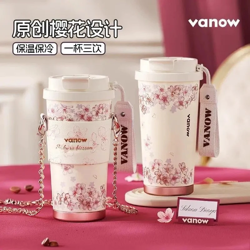 Vanow樱花保温杯女士高颜值节日礼物陶瓷内胆随行咖啡水杯子礼盒