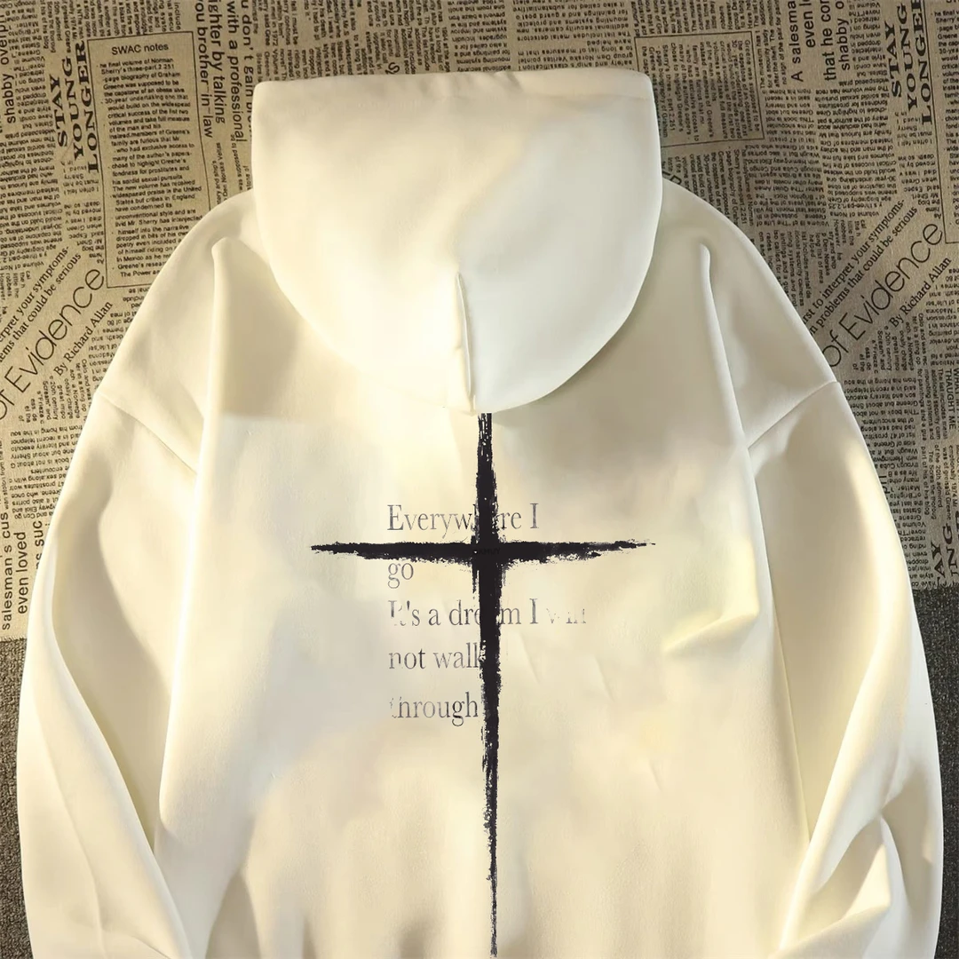 重磅加绒加厚连帽卫衣宽松双层帽简约十字架男女同款男装秋冬百搭