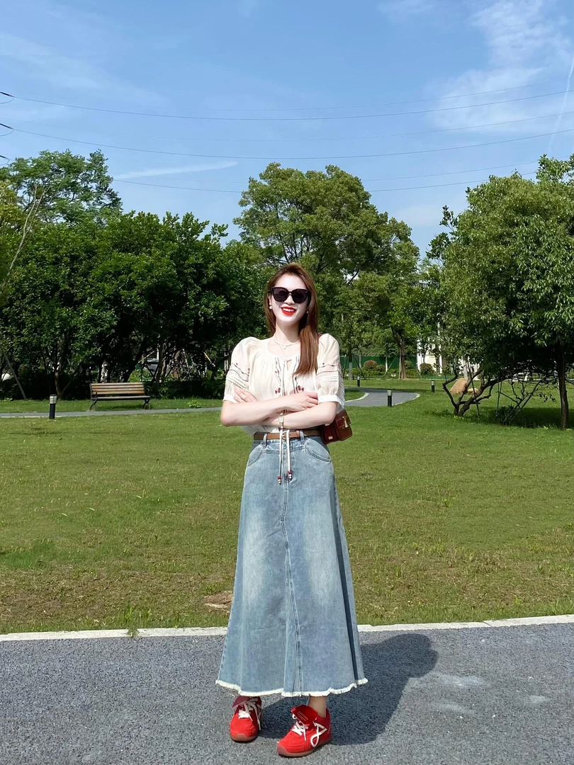 2025夏季新款法式白色雪纺短袖衬衫女泡泡袖娃娃衫上衣牛仔半裙