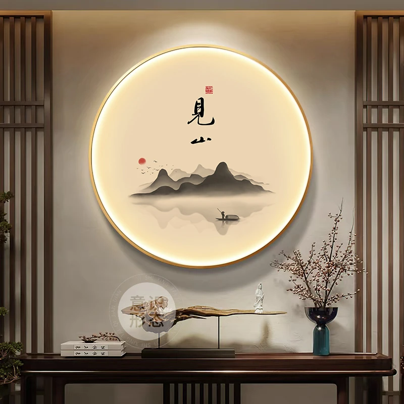 见山玄关装饰画中式禅意入户正对门挂画led带灯字画走廊过道壁画