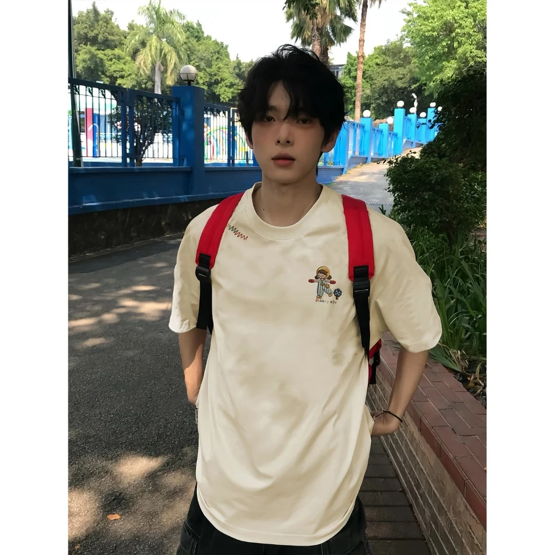 100%纯棉潮流小女孩仿刺绣印花休闲短袖t恤男女夏季休闲情侣上衣