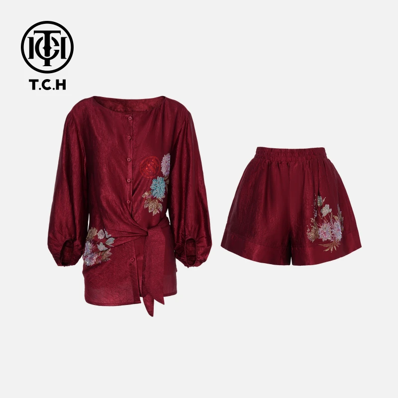 TCH轻奢烫钻工艺时尚百搭红色套装女T75B07E1015私服tch