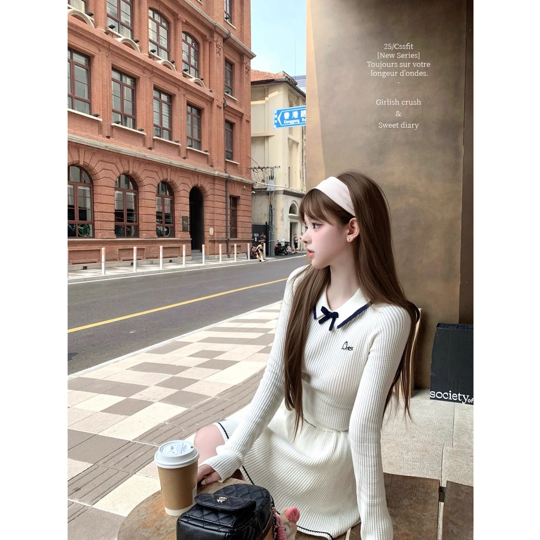 【米兰腔调】韩系甜美少女2025秋季蝴蝶结华夫格针织上衣配短裙套装