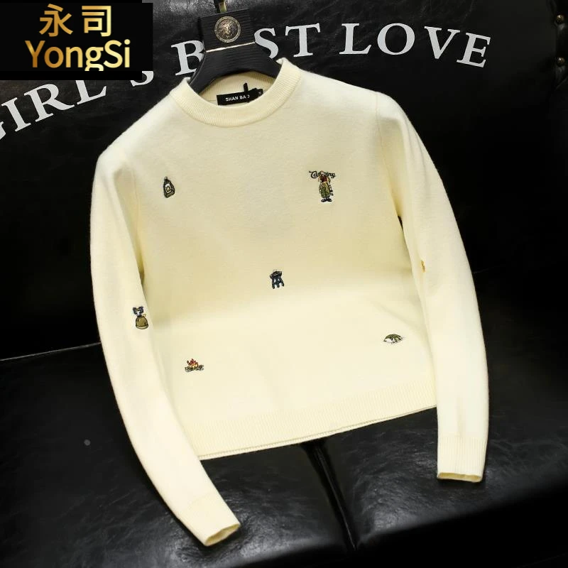 圆领套头毛衣男士青年修身刺绣高级感休闲毛衫痞帅男装大码冬装潮