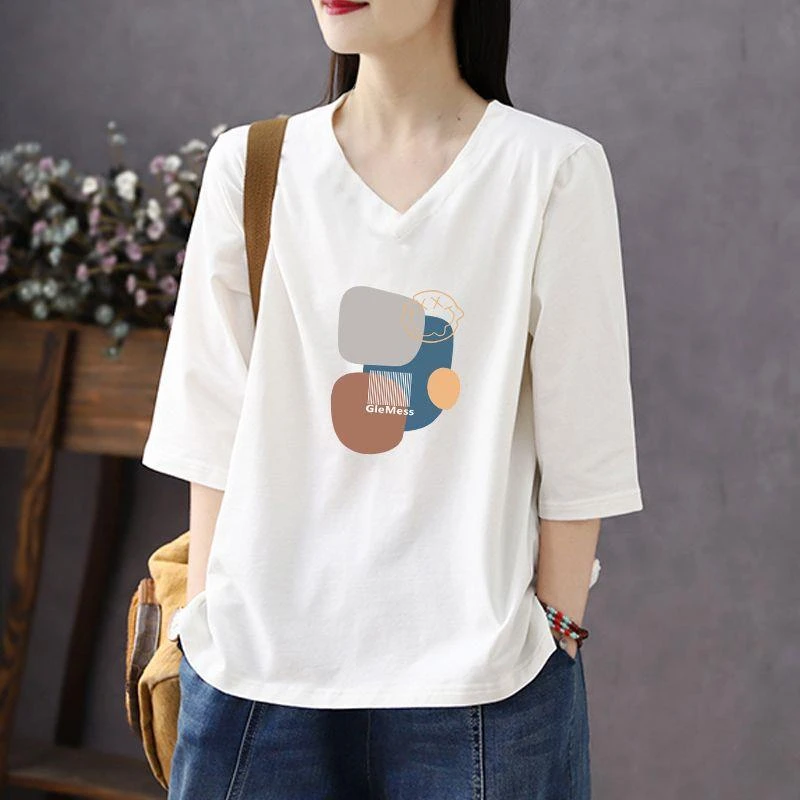 棉V字领七分袖T恤女夏季宽松大码胖MM遮肚子打底衫中袖体恤上衣