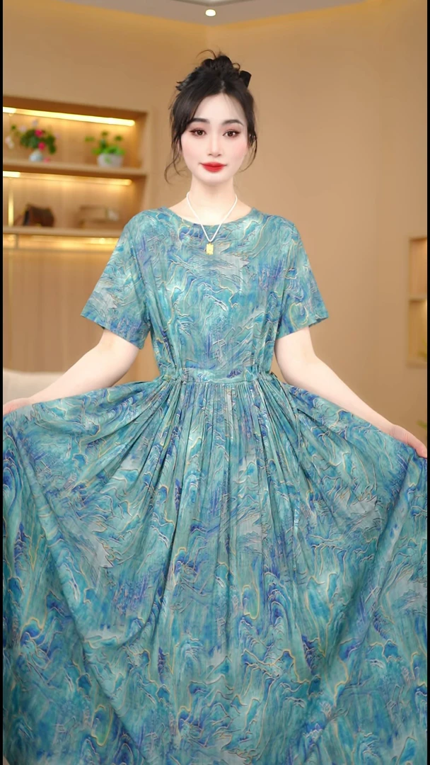孔雀蓝大摆裙）2025夏款新款麻衣连衣裙短袖显白气质圆领长裙子