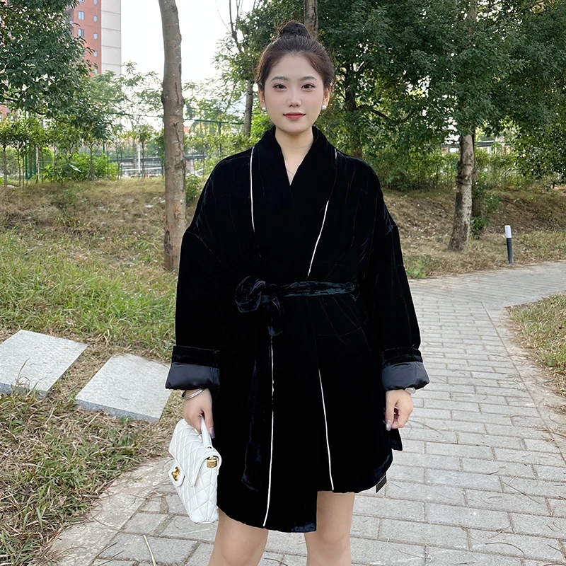 设计师品牌棉服真丝丝绒绑带面包棉服中式复古棉衣秋冬保暖外套女