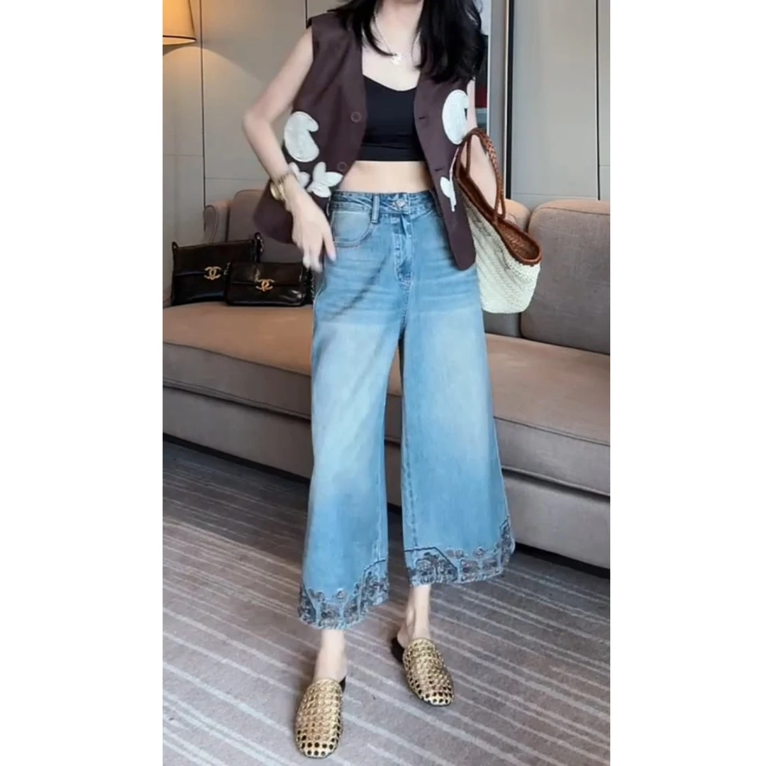 2025夏季新款高腰小众设计感刺绣显瘦大码阔腿显瘦阔腿八分牛仔裤