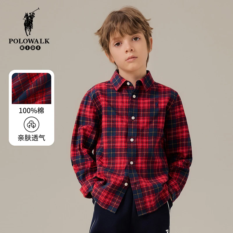 POLOWALK【100%棉】童装儿童男童长袖衬衫磨毛2025秋冬格子长袖外套