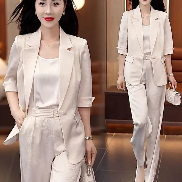 新款气质秋夏季高贵三件套冰丝女夏装女套装轻薄垂感洋气西装套装