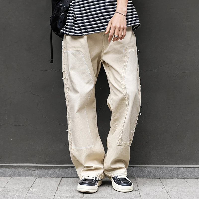 MRA男装日系白色伐木工装破洞牛仔裤帆布须边直筒休闲长裤男夏秋