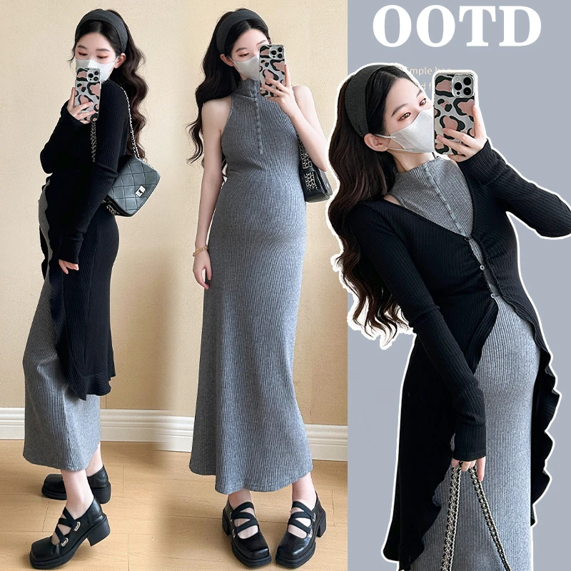 网红洋气孕妇装韩版显瘦2025春季新款中式赫本风套开衫裙两件套