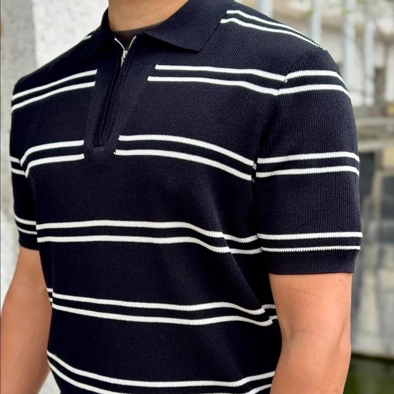 2025新品美式学院风海蓝色条纹修身短袖针织Polo衫针织衫男上衣潮