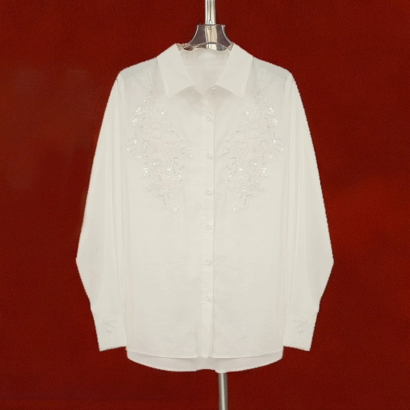 T98103春季新款气质百搭衬衫简约长袖绣花白色宽松衬衣女士 轻奢