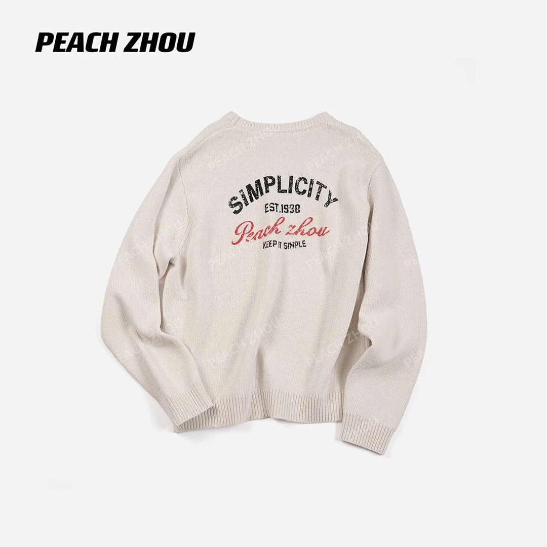 『PEACHZHOU』羊毛混纺美式做旧字母印花宽松休闲毛衣圆领针织衫