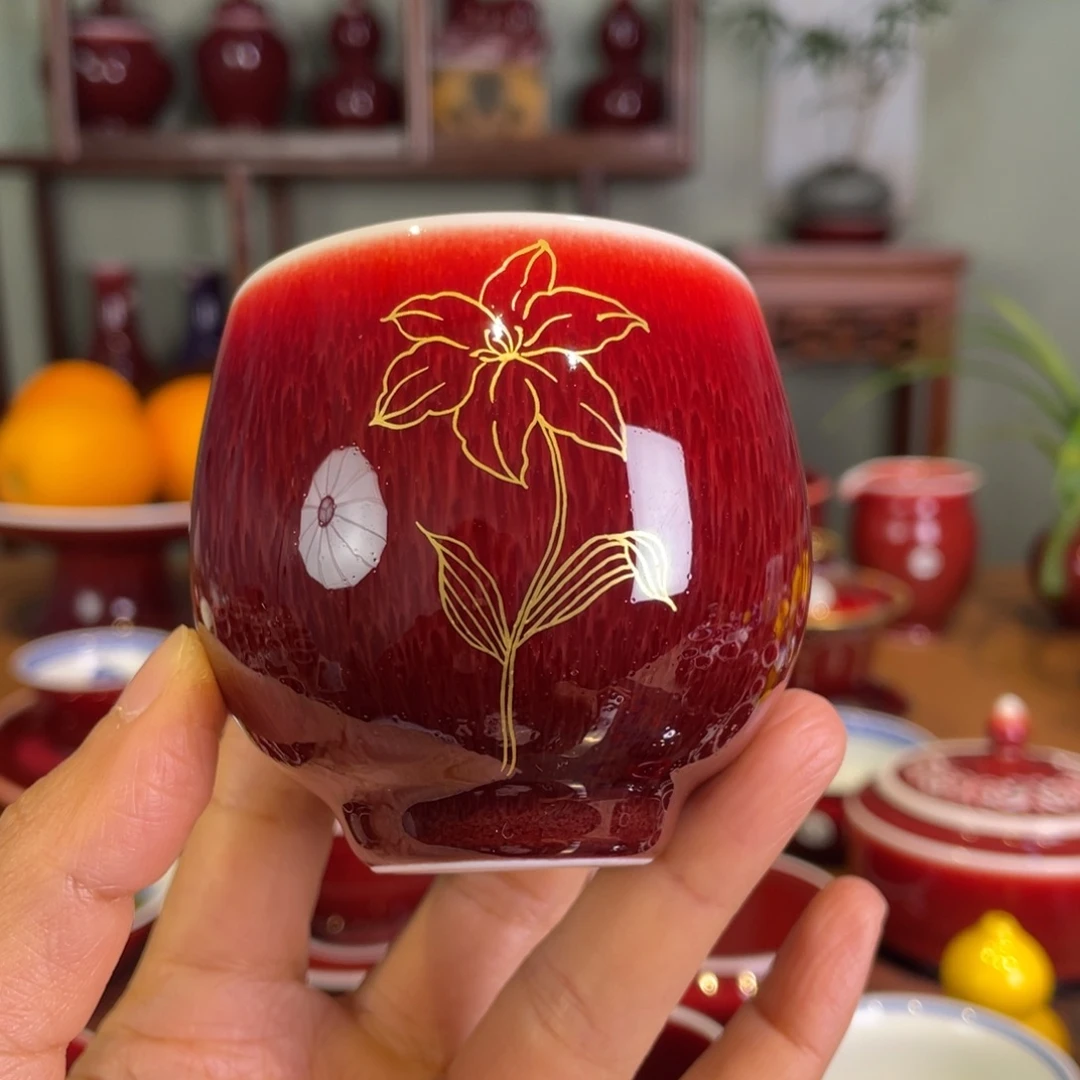 清欢雅玩原矿郎红描金龙蛋杯