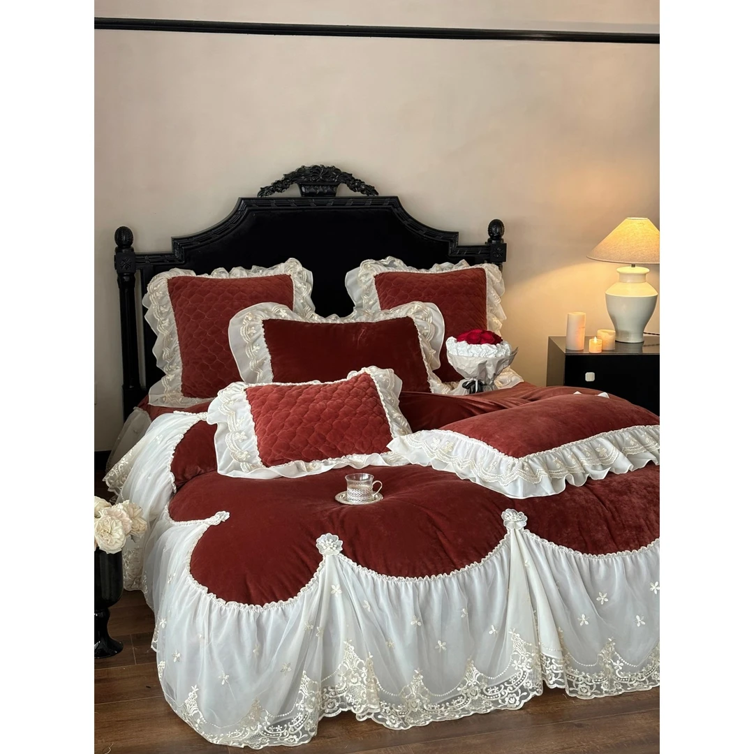 法式浪漫十里红妆婴儿绒仙仙子轻奢牛奶绒秋冬大裙摆保暖四件套