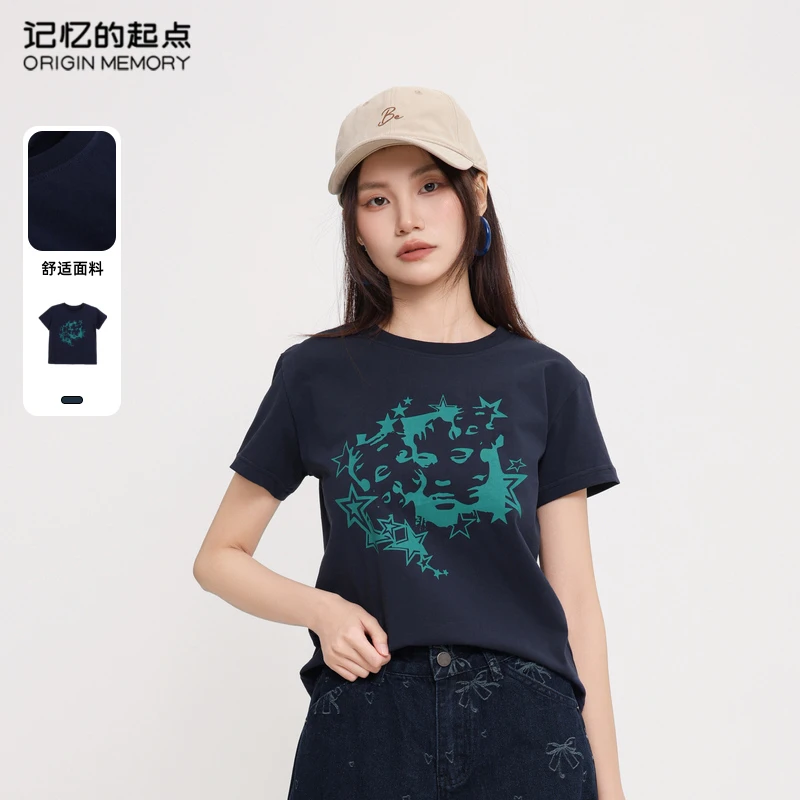 记忆的起点圆领修身短T恤女士2025夏季新款休闲时尚短袖69GX32005
