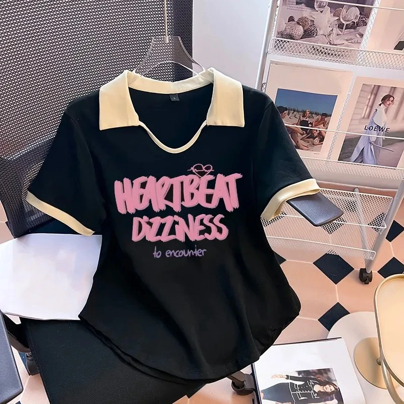 正肩polo衫显瘦短袖t恤女2025夏新款洋气爆款翻领别致大码上衣ins