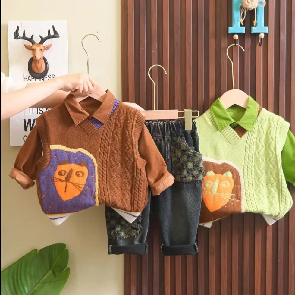 2025春装套装宝宝洋气毛衣马甲儿童韩版休闲春秋季三件套潮