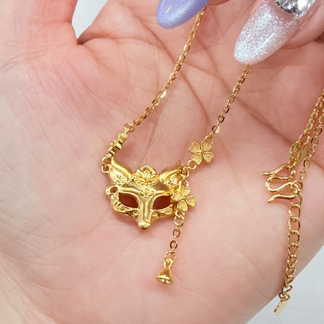 【金项链】素款狐狸面具套链黄金古法足金999精致百搭送女友另附加