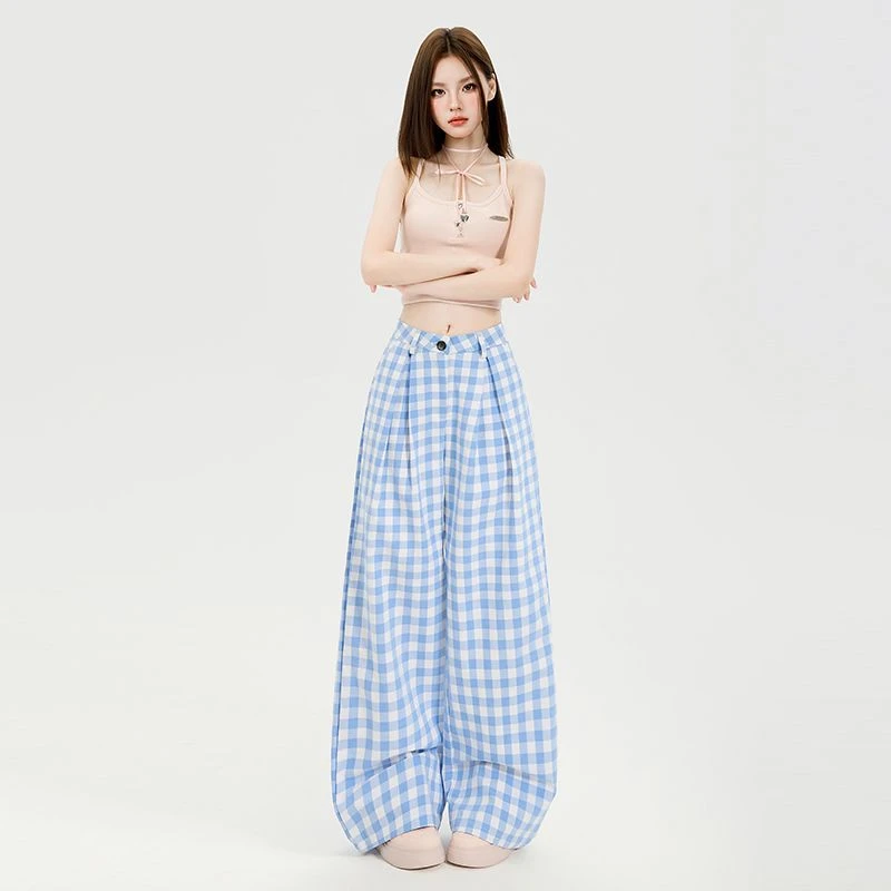 JWUW复古高腰宽松阔腿裤显瘦格子休闲裤女慵懒风春夏新款加长